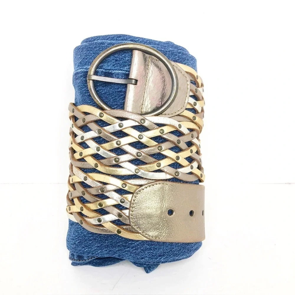Fossil leather, metallic woven belt